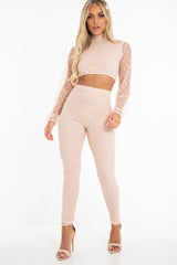 Nude Polka Dot Mesh Crop Top Leggings Co-Ord - Sofia-Co-ords
