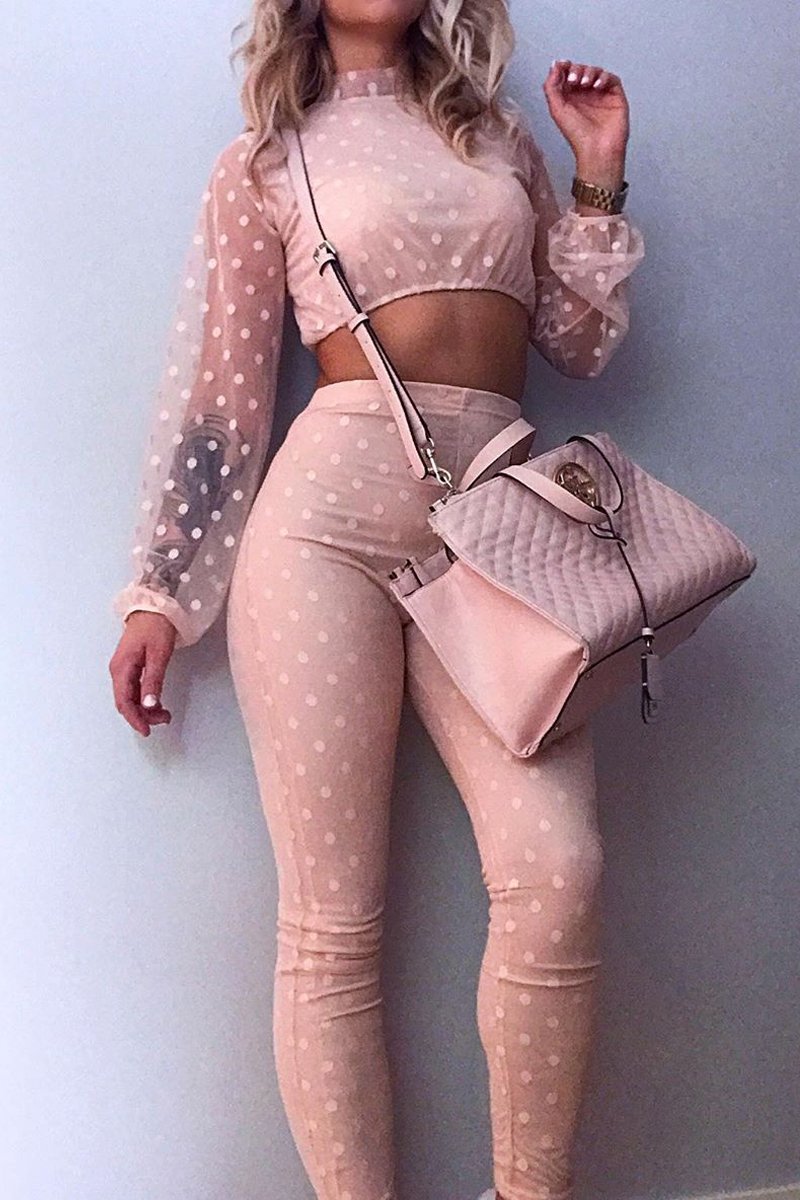 Nude Polka Dot Mesh Crop Top Leggings Co-Ord - Sofia-Co-ords