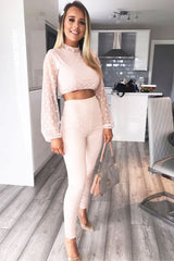 Nude Polka Dot Mesh Crop Top Leggings Co-Ord - Sofia-Co-ords