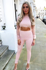 Nude Polka Dot Mesh Crop Top Leggings Co-Ord - Sofia-Co-ords