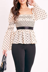 Nude Polka Mesh Shirred Fabric Top - Evarose-Tops
