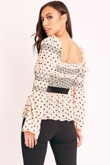 Nude Polka Mesh Shirred Fabric Top - Evarose-Tops