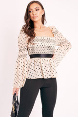 Nude Polka Mesh Shirred Fabric Top - Evarose-Tops