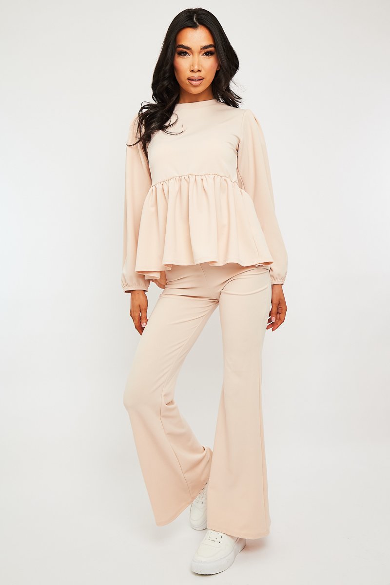 Nude Puff Sleeve Top + Wide Leg Trouser Co-ord - Demri-Co-ords