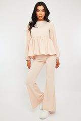 Nude Puff Sleeve Top + Wide Leg Trouser Co-ord - Demri-Co-ords