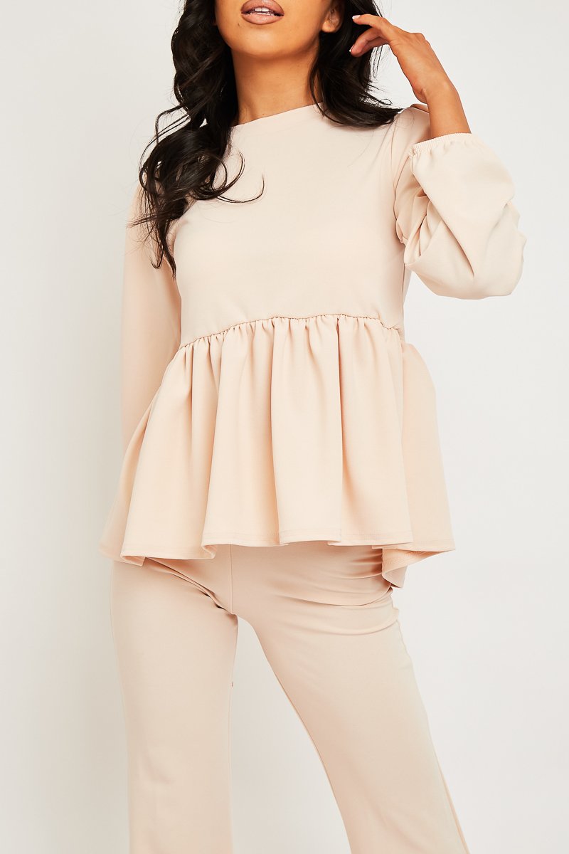 Nude Puff Sleeve Top + Wide Leg Trouser Co-ord - Demri-Co-ords