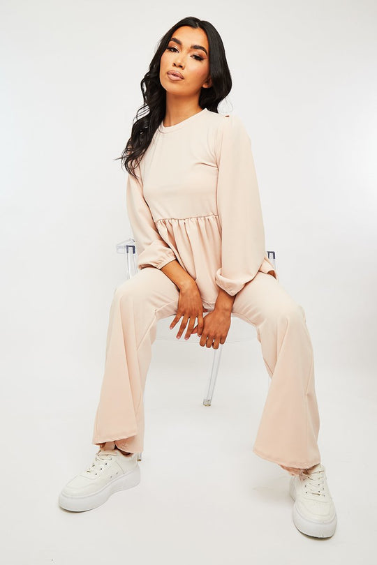 Nude Puff Sleeve Top + Wide Leg Trouser Co-ord - Demri
