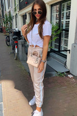 Nude Reflective Stripe Detail Joggers - Rosealee-Joggers