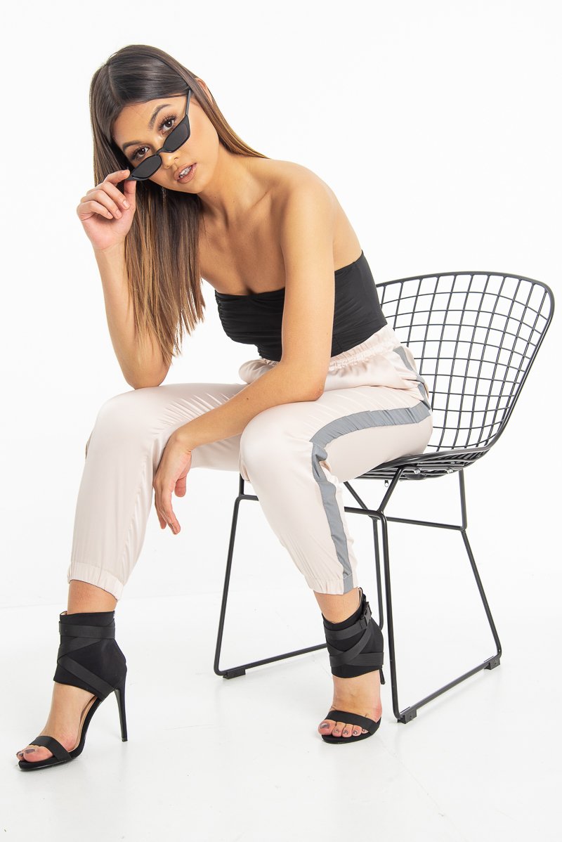 Nude Reflective Stripe Detail Joggers - Rosealee-Joggers