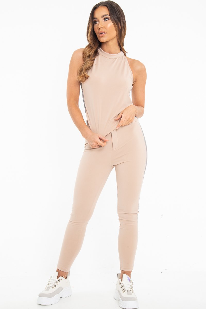 Nude Reflective Stripe Side High Neck Crop Top - Rebekah-Crop Tops