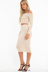 Nude Rib Bardot Zip Crop Top Midi Skirt Co-Ord - Miley-Co-ords