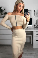 Nude Rib Bardot Zip Crop Top Midi Skirt Co-Ord - Miley-Co-ords