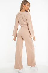Nude Rib Crop Jumper Tie Wide Leg Trousers Loungewear Co-Ord - Mirabel-Loungewear