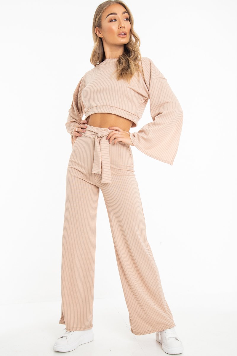 Nude Rib Crop Jumper Tie Wide Leg Trousers Loungewear Co-Ord - Mirabel-Loungewear