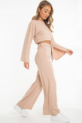 Nude Rib Crop Jumper Tie Wide Leg Trousers Loungewear Co-Ord - Mirabel-Loungewear