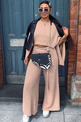 Nude Rib Crop Jumper Tie Wide Leg Trousers Loungewear Co-Ord - Mirabel-Loungewear