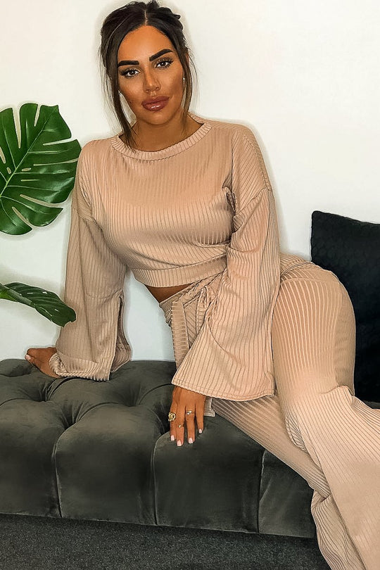 Nude Rib Crop Jumper Tie Wide Leg Trousers Loungewear Co-Ord - Mirabel