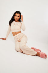 Nude Ribbed Button Front Top + Trouser Co-ord - Emani-Loungewear
