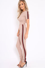 Nude Ribbed Co ord with Striped Sports Trim Detail - Zinaya-Co-ords