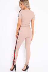 Nude Ribbed Co ord with Striped Sports Trim Detail - Zinaya-Co-ords