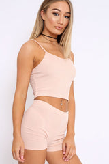 Nude Ribbed Crop Top and Shorts Co-ord Set - Jenara-Co-ords