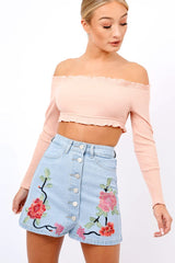 Nude Ribbed Frill Bardot Crop Top - Cassidy-Crop Tops