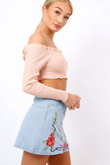 Nude Ribbed Frill Bardot Crop Top - Cassidy-Crop Tops