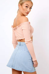 Nude Ribbed Frill Bardot Crop Top - Cassidy-Crop Tops
