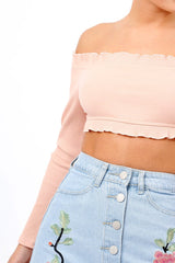 Nude Ribbed Frill Bardot Crop Top - Cassidy-Crop Tops