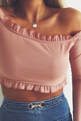 Nude Ribbed Frill Bardot Crop Top - Cassidy-Crop Tops