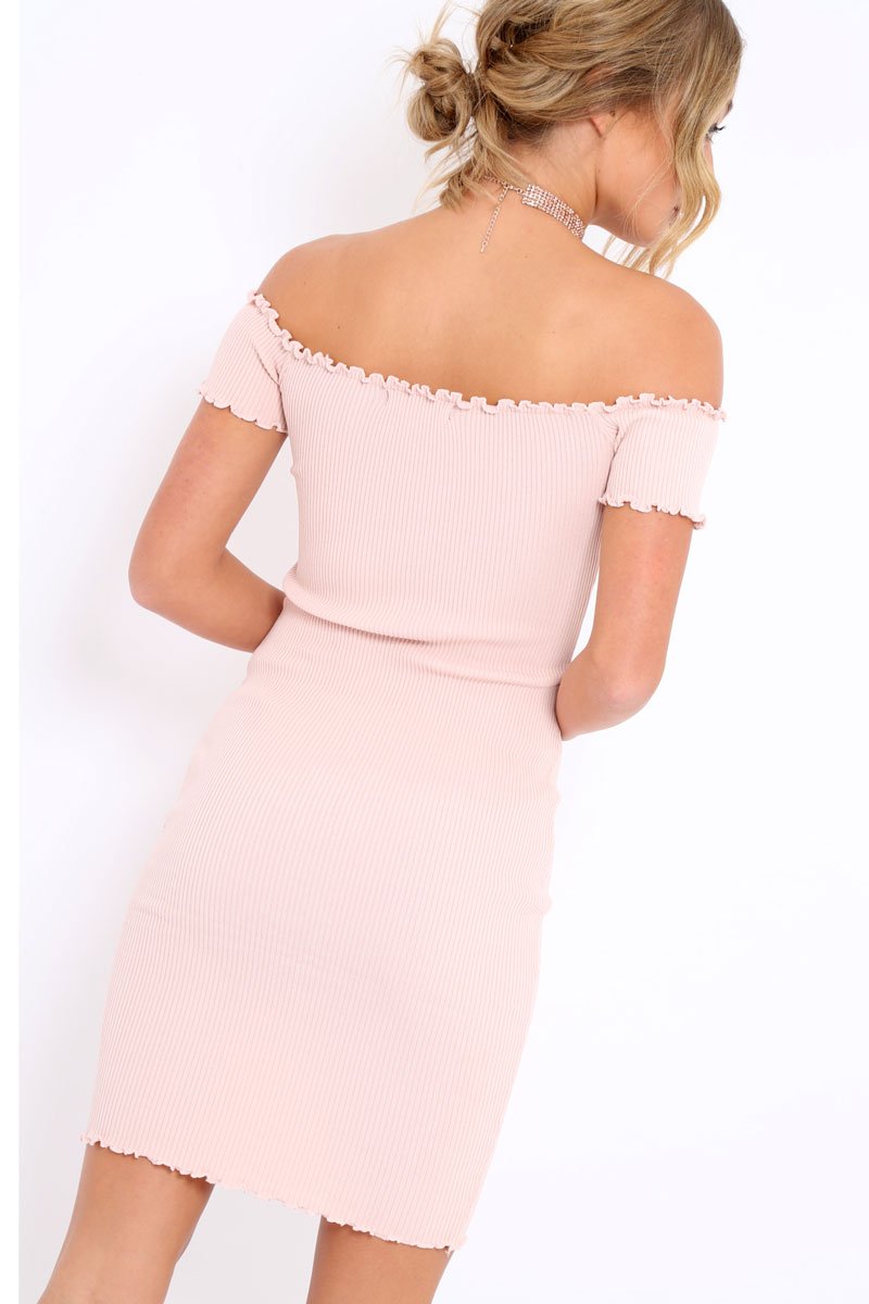 Nude Ribbed Frill Hem Bardot Bodycon Dress - Kamille-Dresses