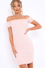 Nude Ribbed Frill Hem Bardot Bodycon Dress - Kamille-Dresses