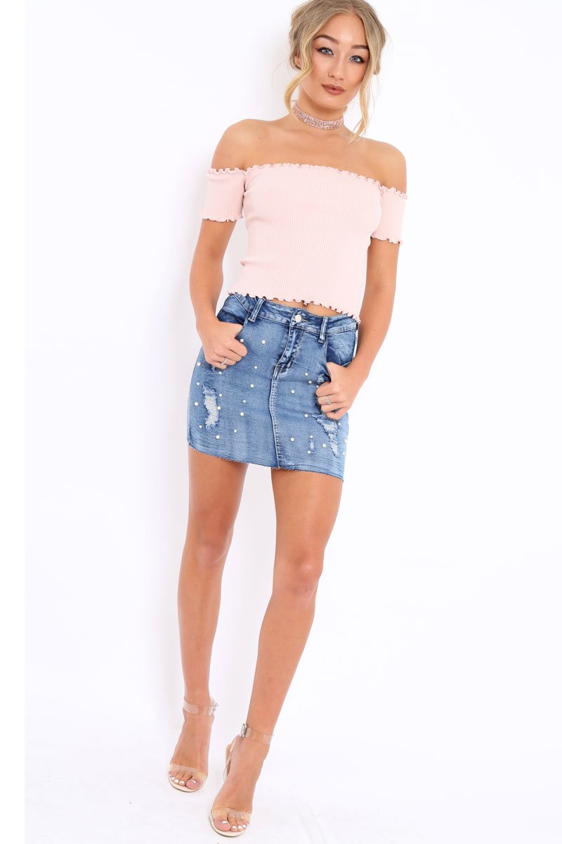 Nude Ribbed Frill Hem Bardot Crop Top - Adelle-Crop Tops