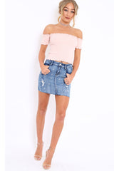 Nude Ribbed Frill Hem Bardot Crop Top - Adelle-Crop Tops