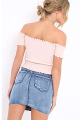 Nude Ribbed Frill Hem Bardot Crop Top - Adelle-Crop Tops