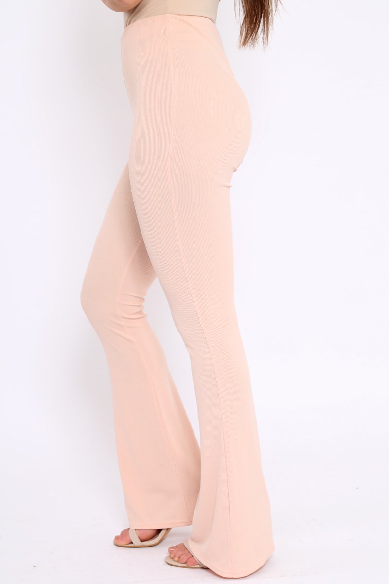 Nude Ribbed Kick Flare Trousers - Chlo-Trousers