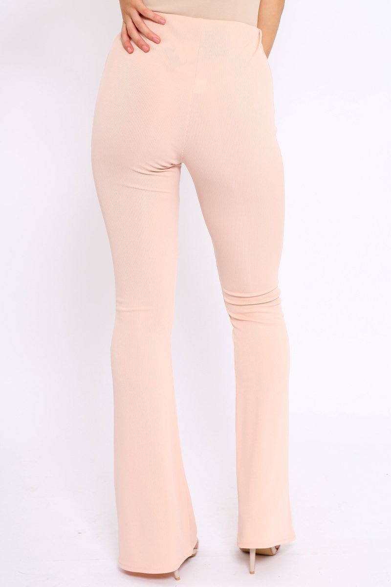 Nude Ribbed Kick Flare Trousers - Chlo-Trousers