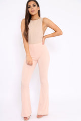 Nude Ribbed Kick Flare Trousers - Chlo-Trousers