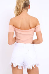 Nude Ribbed Lace Up Bardot Crop Top - Arianna-Crop Tops