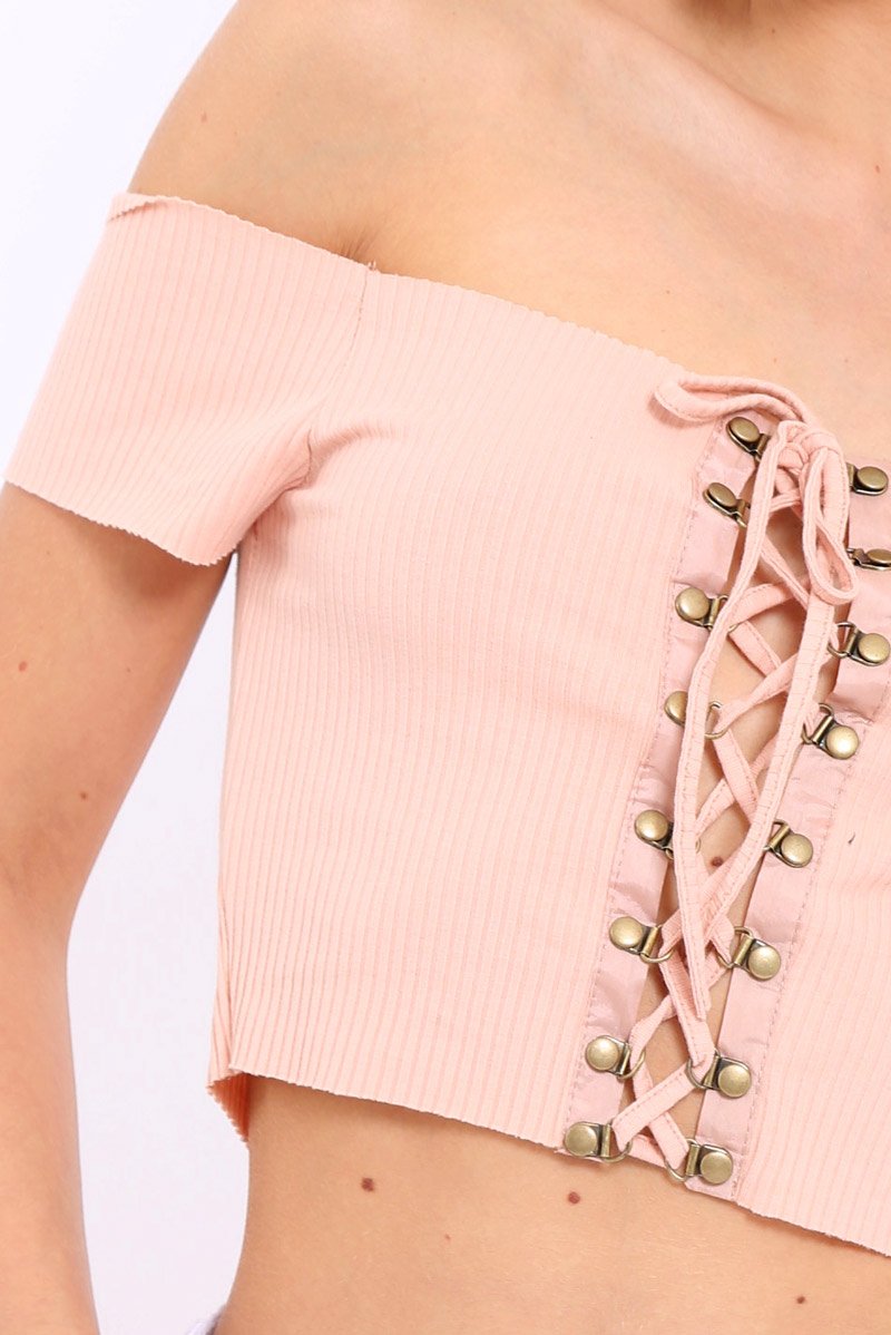 Nude Ribbed Lace Up Bardot Crop Top - Arianna-Crop Tops
