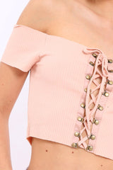 Nude Ribbed Lace Up Bardot Crop Top - Arianna-Crop Tops