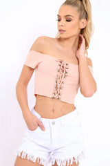 Nude Ribbed Lace Up Bardot Crop Top - Arianna-Crop Tops