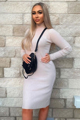 Nude Ribbed Roll Neck Midi Dress - Ema-Dresses