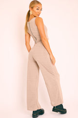 Nude Ribbed Zip Back Belted Jumpsuit - Indiya-Jumpsuits