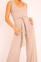 Nude Ribbed Zip Back Belted Jumpsuit - Indiya-Jumpsuits