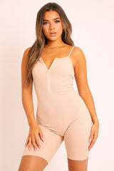 Nude Ribbed Zip Front Unitard Playsuit - Lanay-Playsuits