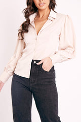 Nude Satin Covered Button Shirt - Eliza-Shirts