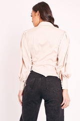 Nude Satin Covered Button Shirt - Eliza-Shirts