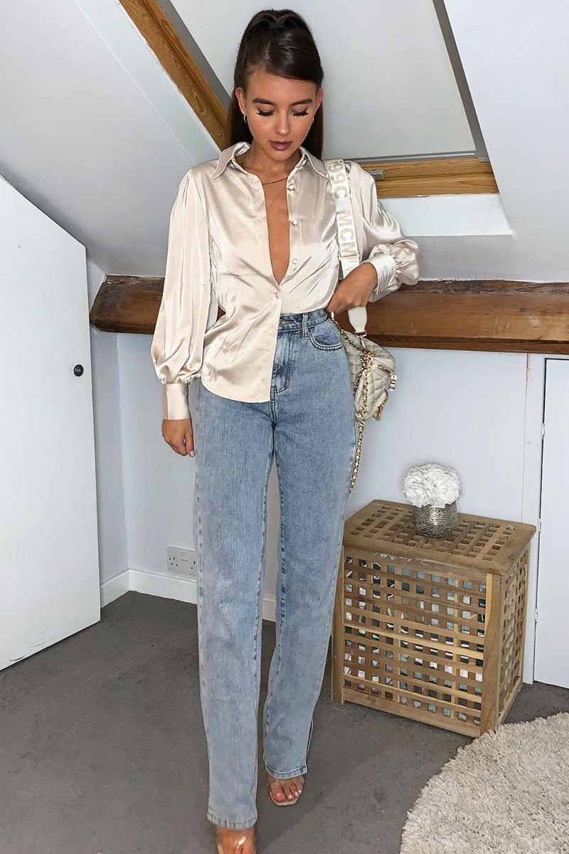 Nude Satin Covered Button Shirt - Eliza-Shirts