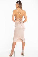 Nude Satin Cowl Neck Midi Bodycon Dress - Liliana-Dresses